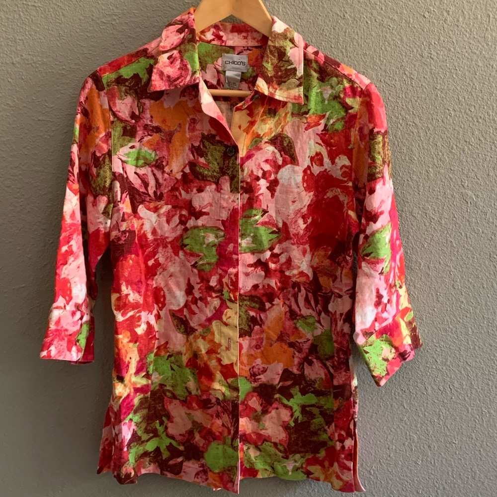 Chicos Floral Linen Blouse 3/4 Sleeves Size 0